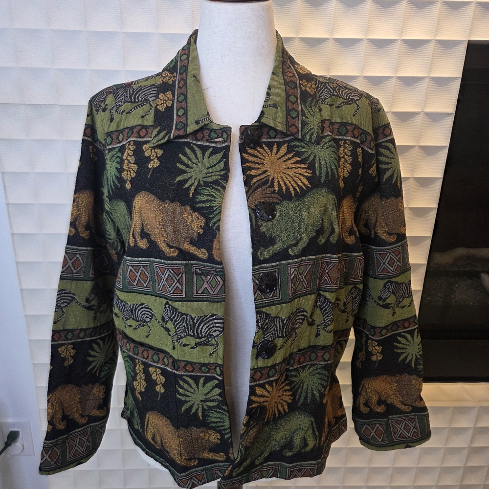 Vintage Anu Safari Tapestry Blazer Jacket, Lions & Zebras Animal Print, Medium